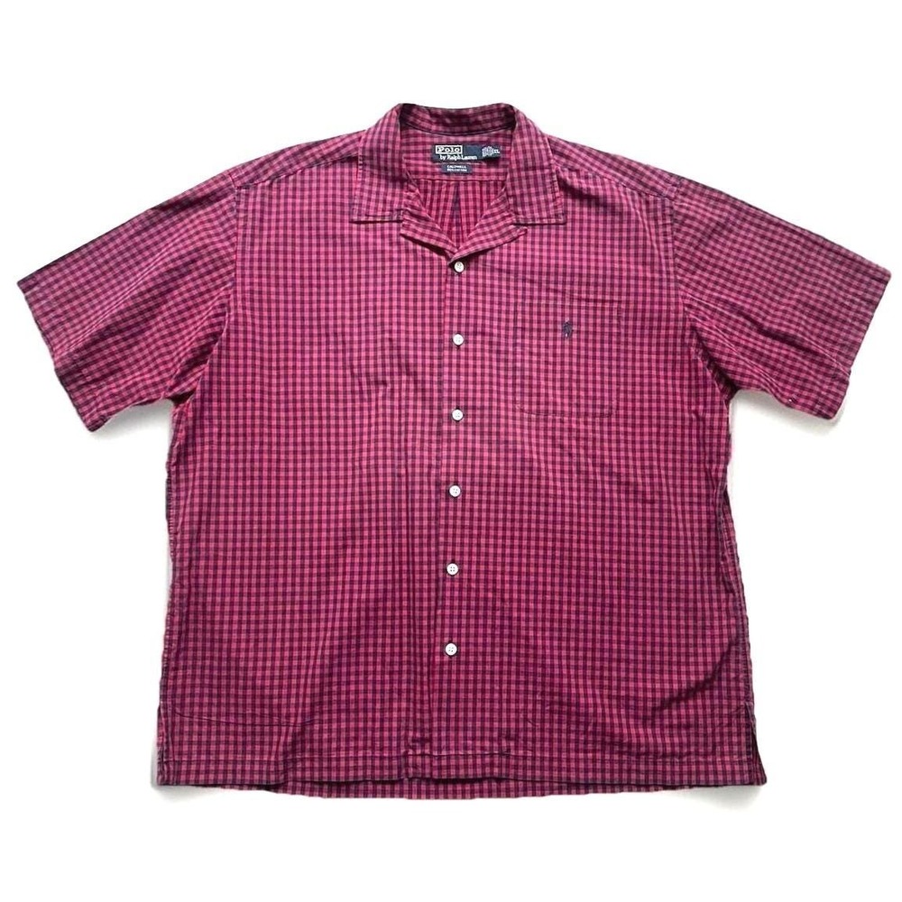Vtg Polo Ralph Lauren Caldwell Camp Collar‎ Short Sleeve Men XL Cotton Check Red